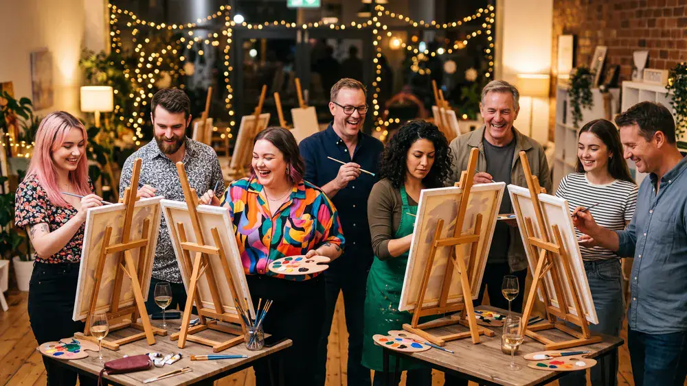 Painting Party in Braunschweig – Kollegen malen an Staffeleien mit Wein in gemütlicher Bar-Atmosphäre
