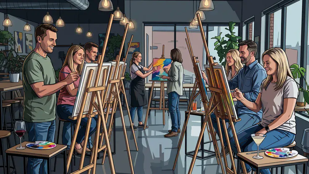 Painting Party in Dortmund - Erwachsene malen an Staffeleien eigene Bilder mit Wein und Cocktails dazu