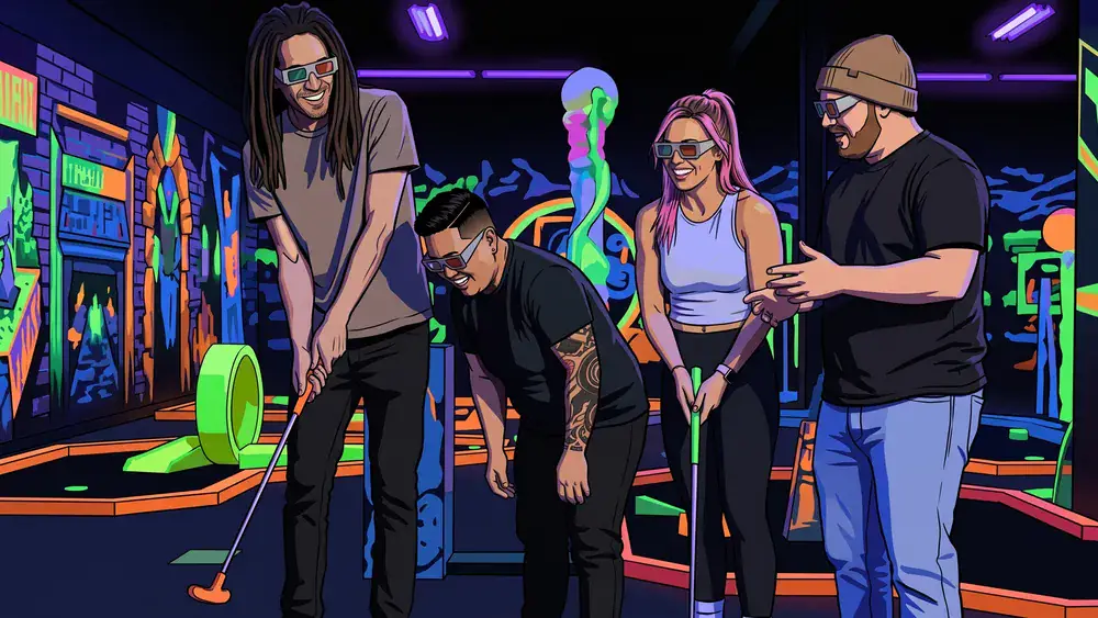 Glowing Rooms in Dortmund - Erwachsene spielen Schwarzlicht-Minigolf mit 3D-Brillen