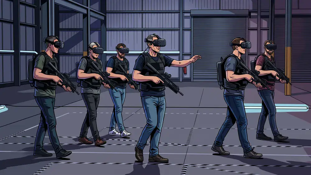 Zero Latency VR in Dortmund - Erwachsene mit VR-Brillen und Westen laufen frei durch eine virtuelle Welt