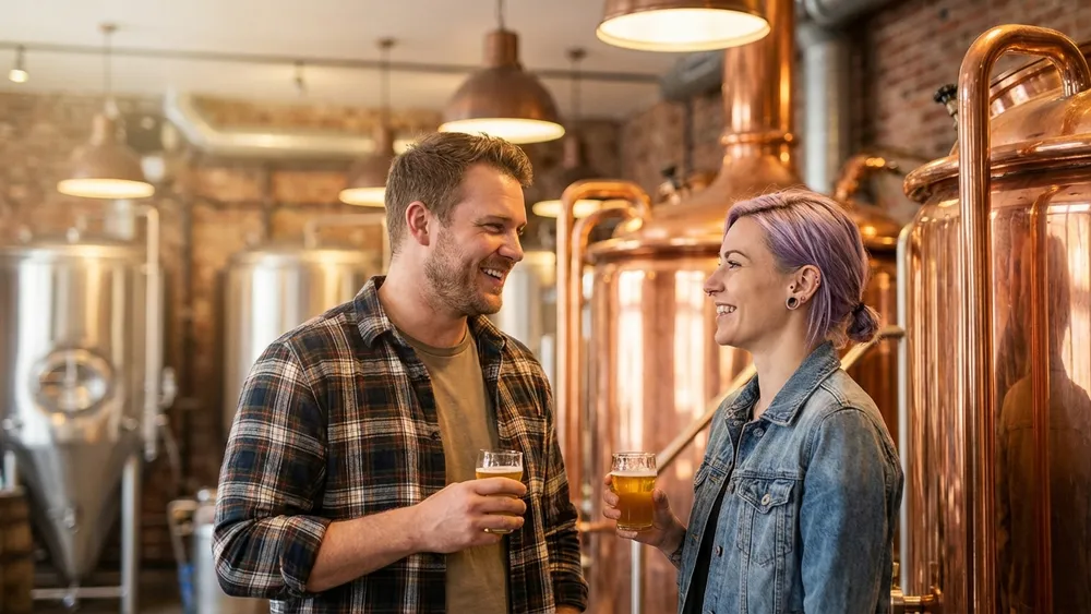 Bergmann Brauerei in Dortmund – Zwei Personen bei einer Bierverkostung in der Handwerksbrauerei