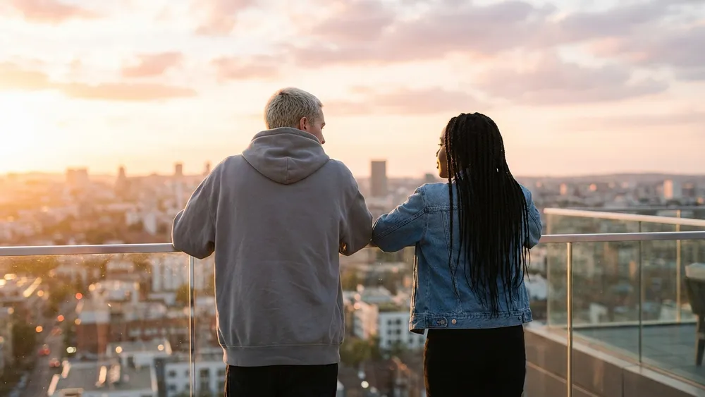 Dortmunder U – Zwei Personen auf der Dachterrasse mit Blick über Dortmund bei Sonnenuntergang