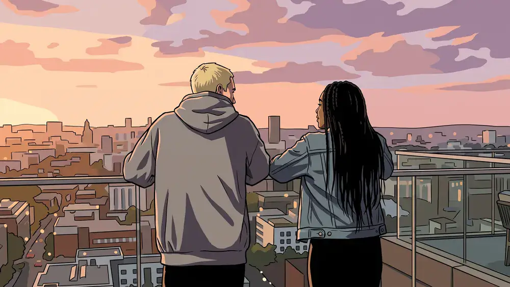 Dortmunder U – Zwei Personen auf der Dachterrasse mit Blick über Dortmund bei Sonnenuntergang