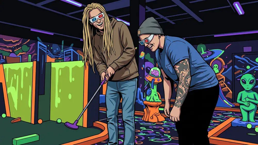 Glowing Rooms in Dortmund – Zwei Personen spielen Schwarzlicht-Minigolf mit 3D-Brillen