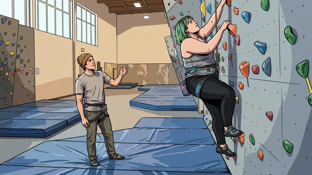 Kletterhalle Bergwerk in Dortmund – Zwei Personen bouldern gemeinsam an einer bunten Kletterwand