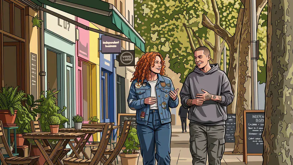 Kreuzviertel in Dortmund – Zwei Personen schlendern an Cafés und Boutiquen vorbei