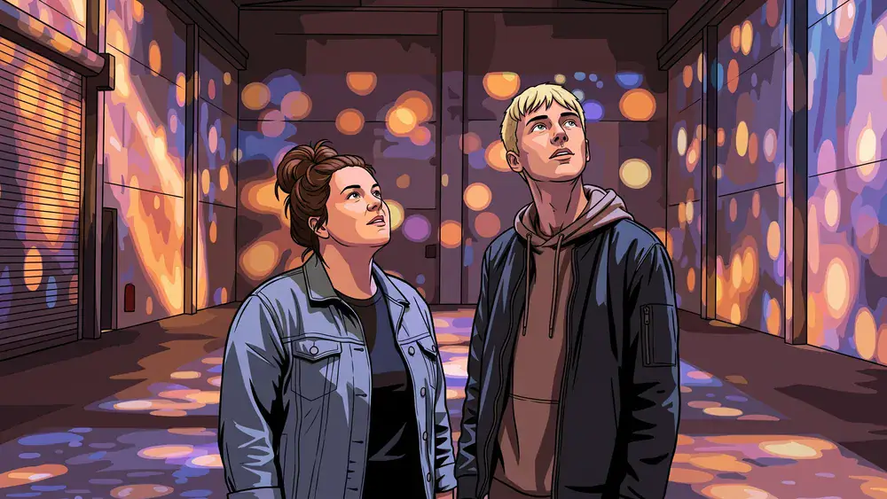 Phoenix des Lumières in Dortmund – Zwei Personen stehen in einer Halle mit digitalen Kunstprojektionen