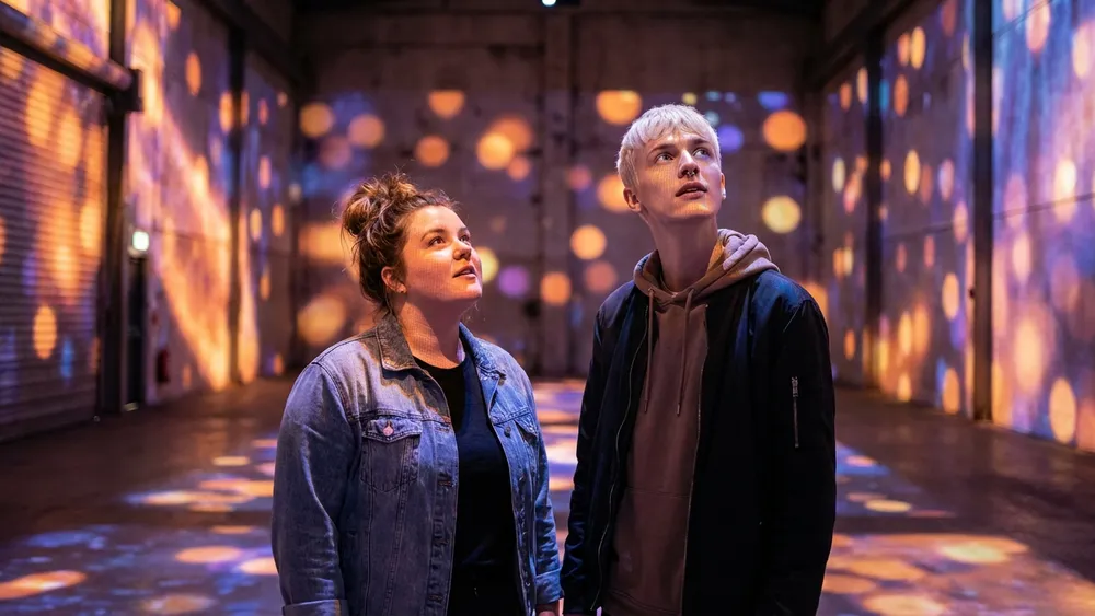 Phoenix des Lumières in Dortmund – Zwei Personen stehen in einer Halle mit digitalen Kunstprojektionen