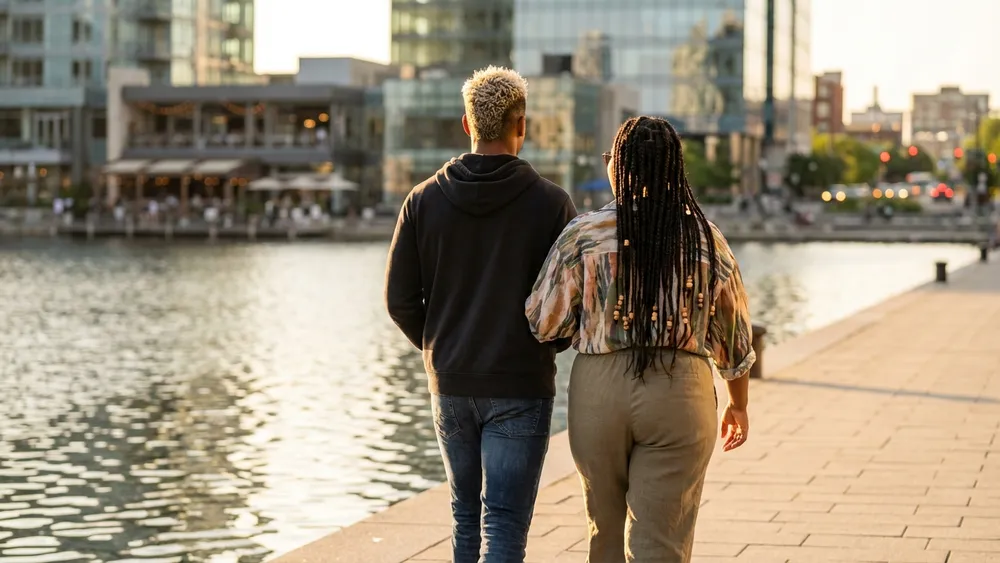 Phoenix-See in Dortmund – Zwei Personen spazieren bei Sonnenuntergang an der Uferpromenade