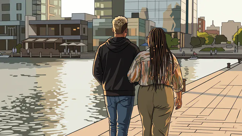 Phoenix-See in Dortmund – Zwei Personen spazieren bei Sonnenuntergang an der Uferpromenade