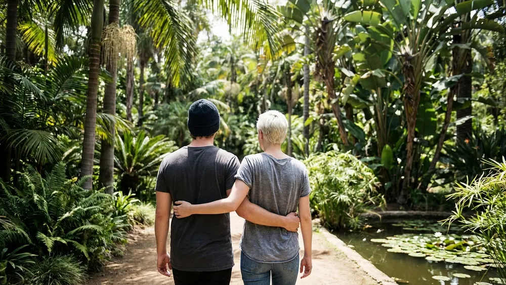 Botanischer Garten Rombergpark in Dortmund – Zwei Personen spazieren durch den grünen Park