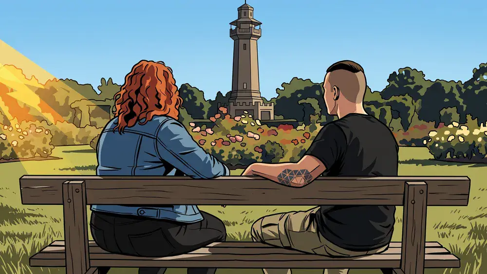 Westfalenpark in Dortmund – Zwei Personen sitzen auf einer Bank mit Blick auf den Rosengarten