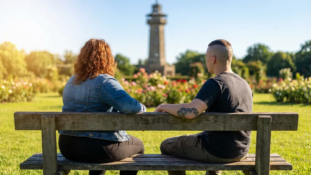 Westfalenpark in Dortmund – Zwei Personen sitzen auf einer Bank mit Blick auf den Rosengarten