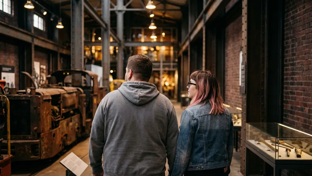 Zeche Zollern in Dortmund – Zwei Personen erkunden die Ausstellung in der historischen Maschinenhalle