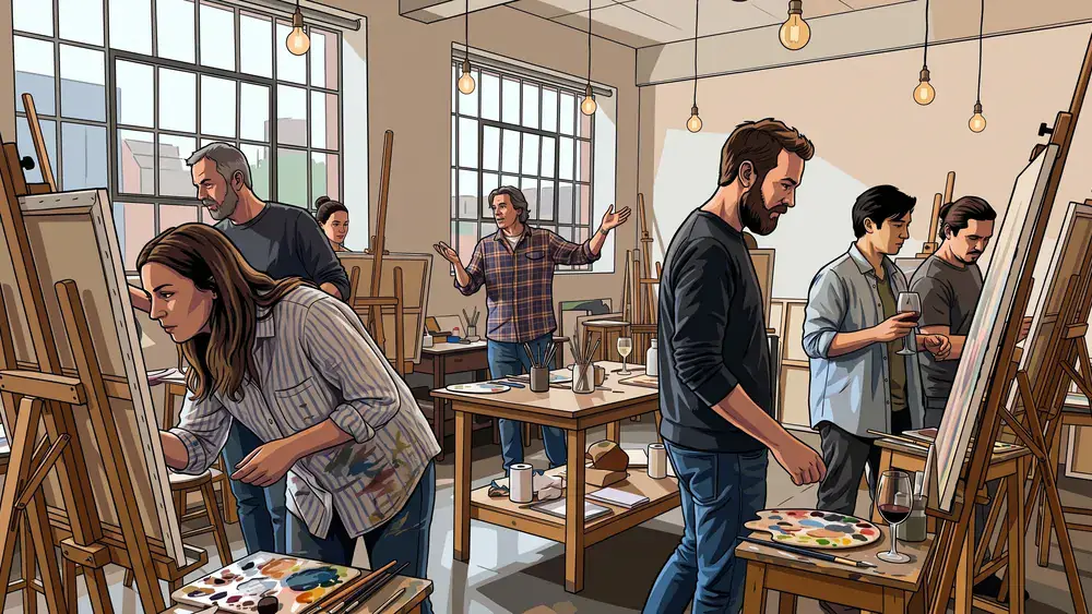Painting Party in Dortmund – Kollegen malen an Staffeleien eigene Bilder mit Wein und Cocktails dazu