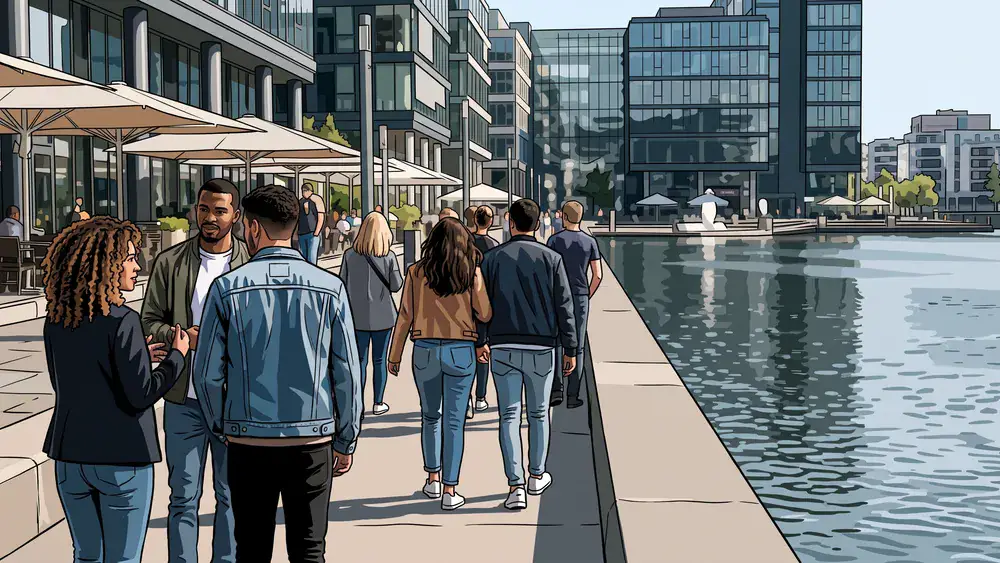 Phoenix-See in Dortmund – Kollegen spazieren gemeinsam an der Uferpromenade an einem sonnigen Tag