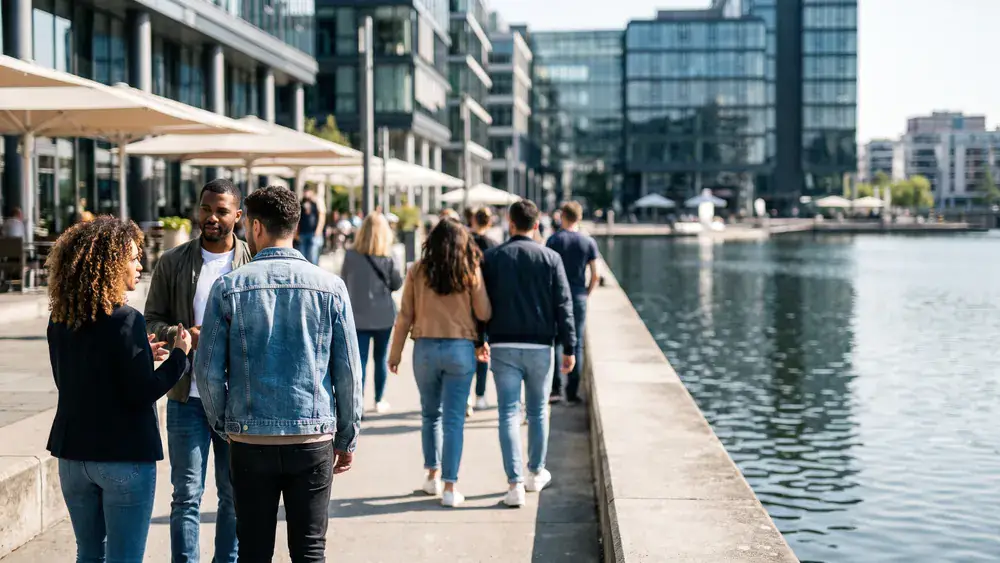 Phoenix-See in Dortmund – Kollegen spazieren gemeinsam an der Uferpromenade an einem sonnigen Tag
