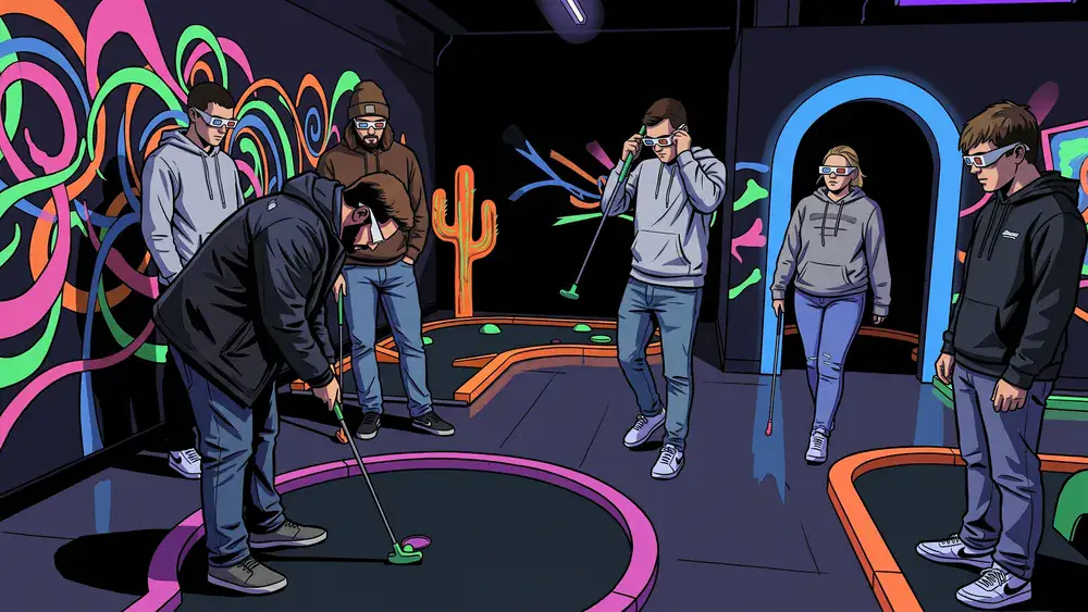 Glowing Rooms in Dortmund – Kollegen spielen Schwarzlicht-Minigolf mit 3D-Brillen in leuchtender Neonwelt