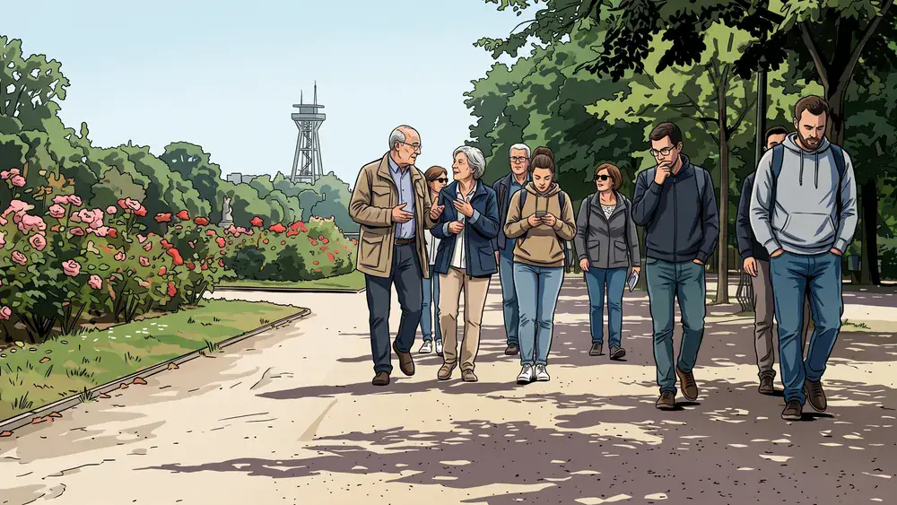 Westfalenpark in Dortmund – Kollegen spazieren bei Sonnenschein vorbei am Rosengarten mit Florianturm im Hintergrund