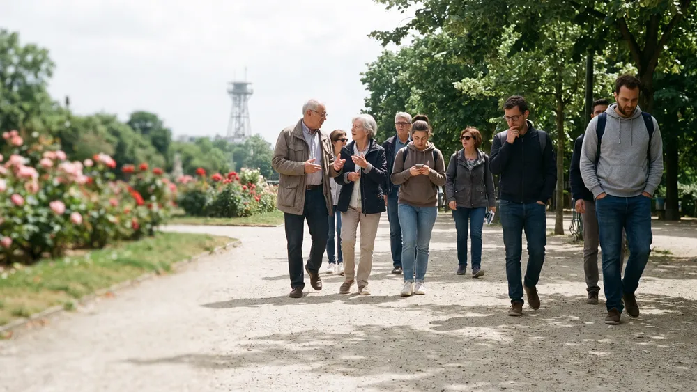 Westfalenpark in Dortmund – Kollegen spazieren bei Sonnenschein vorbei am Rosengarten mit Florianturm im Hintergrund