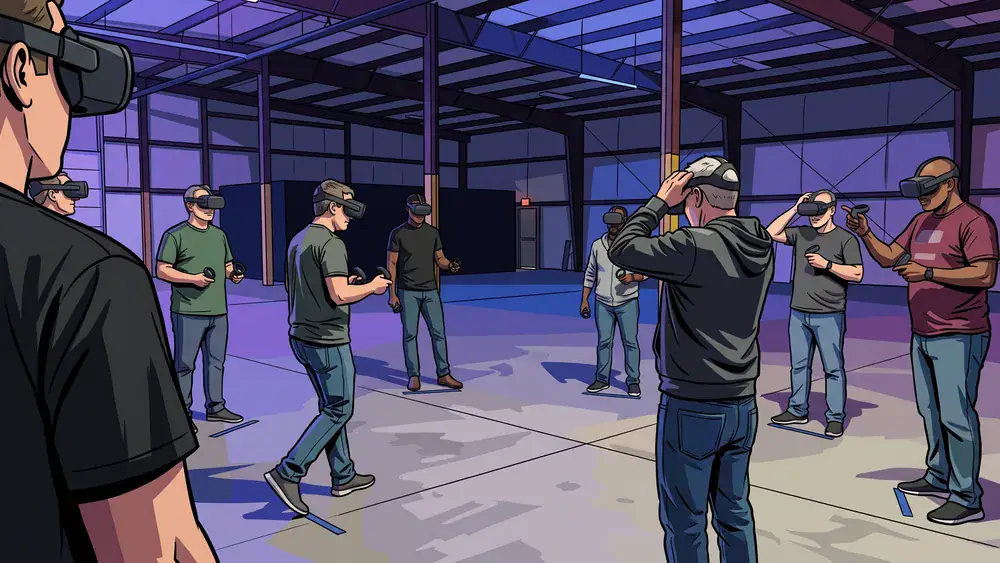 Zero Latency VR in Dortmund – Kollegen mit VR-Brillen und Westen laufen frei durch eine virtuelle Welt