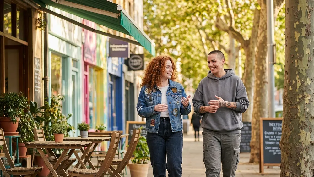 Kreuzviertel in Dortmund – Zwei Personen schlendern an Cafés und Boutiquen vorbei
