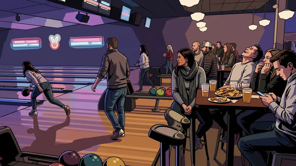 Bowling im Bowltreff Dortmund – Gruppe spielt auf mehreren Bahnen mit Drinks und Snacks