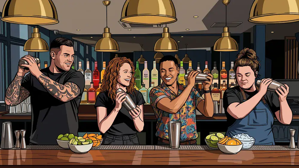 Cocktailkurs in Dortmund – Gruppe mixt Cocktails an einer Bar unter Anleitung