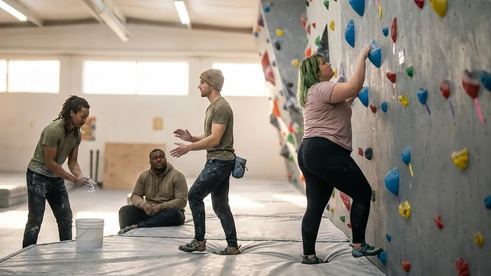 Kletterhalle Bergwerk in Dortmund - Gruppe bouldert gemeinsam an einer bunten Kletterwand