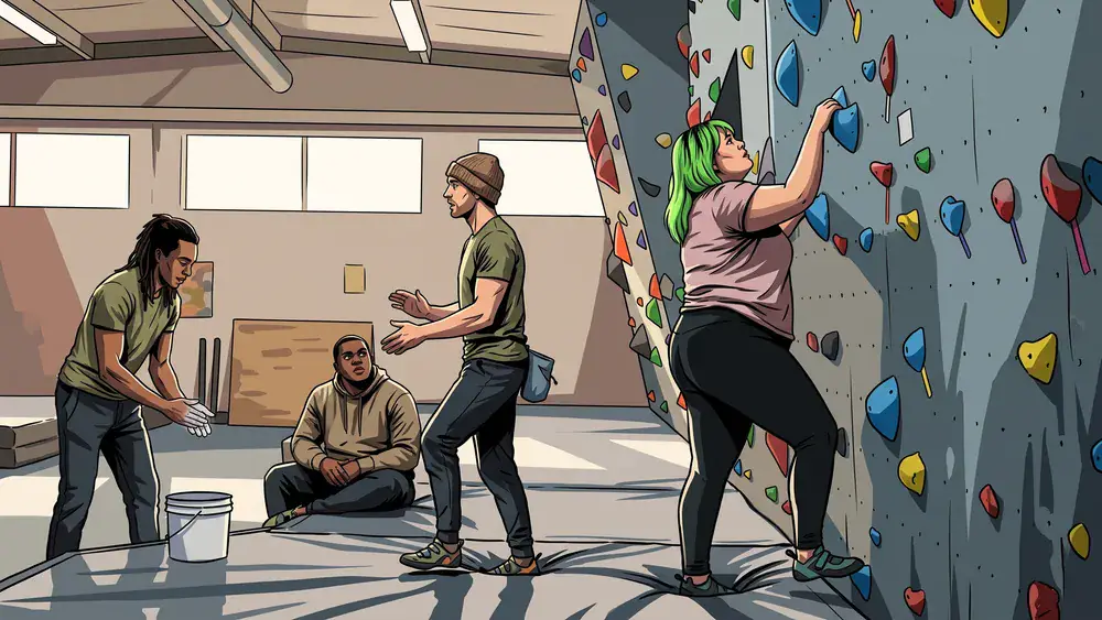 Kletterhalle Bergwerk in Dortmund - Gruppe bouldert gemeinsam an einer bunten Kletterwand