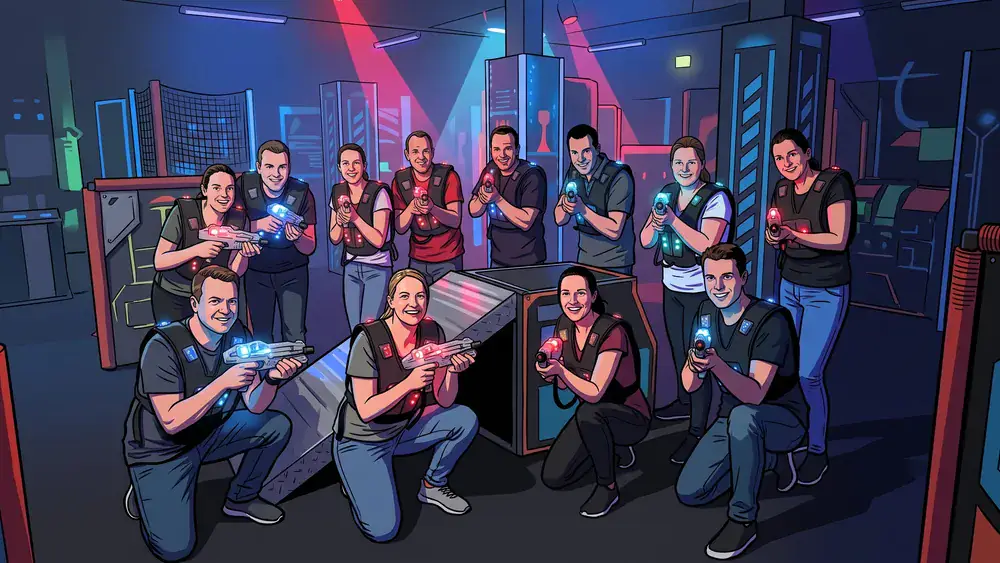Lasertag bei Dortmund – Gruppe mit Sensorwesten spielt in einer dunklen Neon-Arena