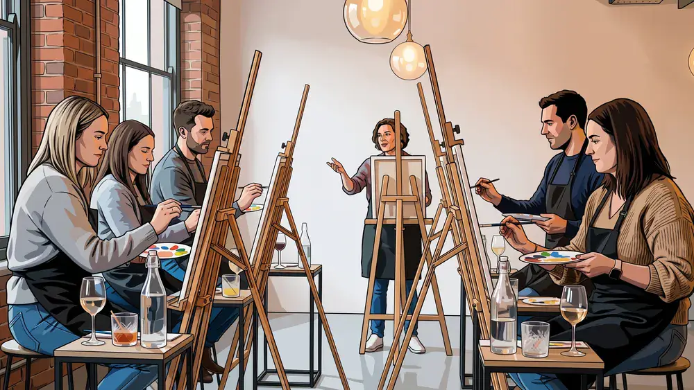 Painting Party in Dortmund - Gruppe malt an Staffeleien eigene Bilder mit Wein und Cocktails dazu