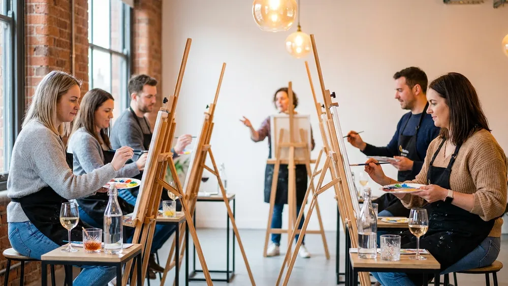 Painting Party in Dortmund - Gruppe malt an Staffeleien eigene Bilder mit Wein und Cocktails dazu