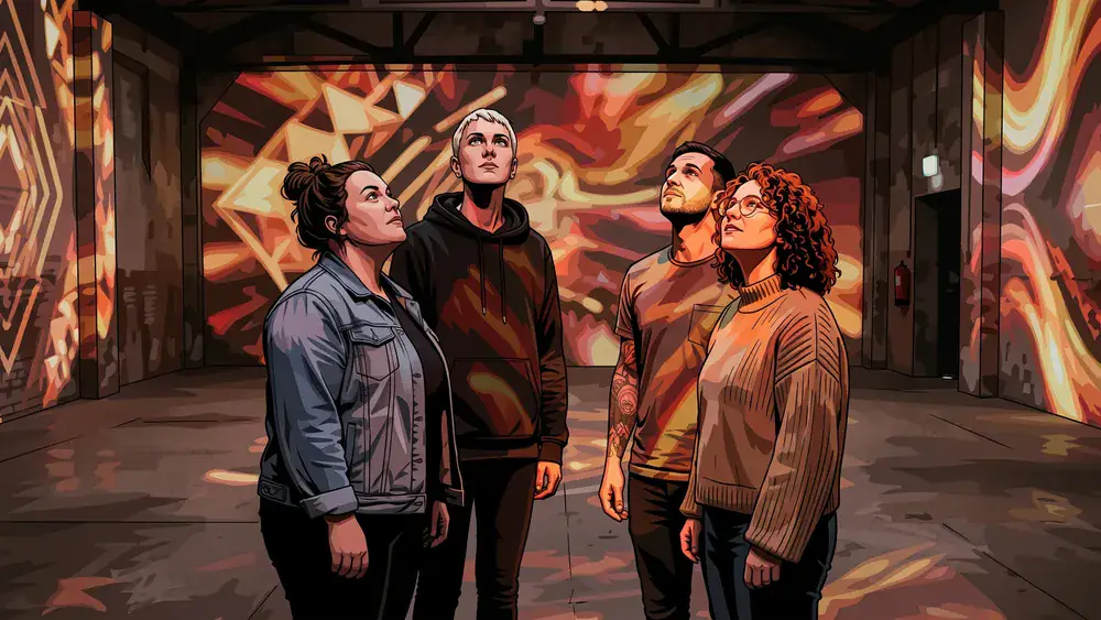 Phoenix des Lumières in Dortmund – Gruppe steht in einer Halle mit digitalen Kunstprojektionen