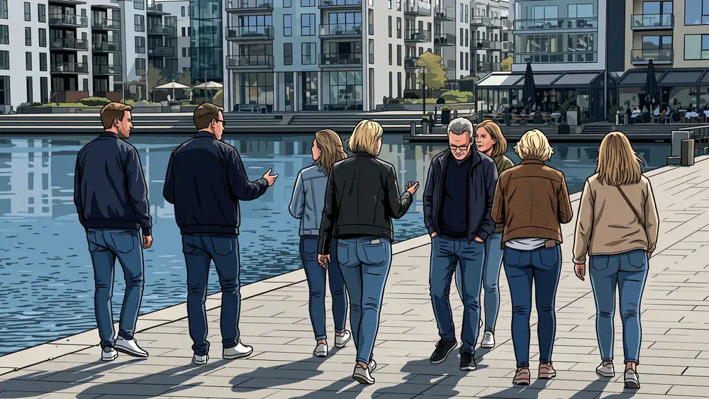 Phoenix-See in Dortmund – Gruppe spaziert gemeinsam an der Uferpromenade an einem sonnigen Tag