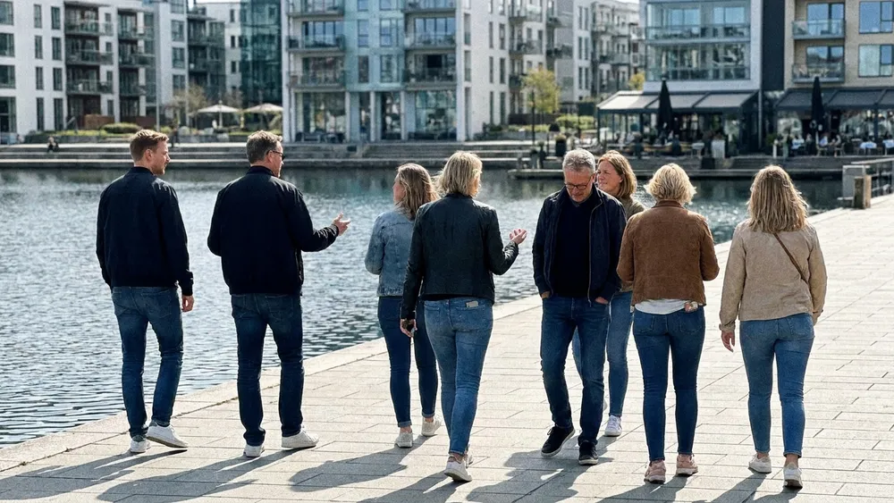 Phoenix-See in Dortmund – Gruppe spaziert gemeinsam an der Uferpromenade an einem sonnigen Tag