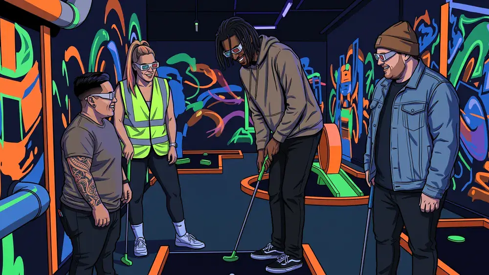 Glowing Rooms in Dortmund – Gruppe spielt Schwarzlicht-Minigolf mit 3D-Brillen