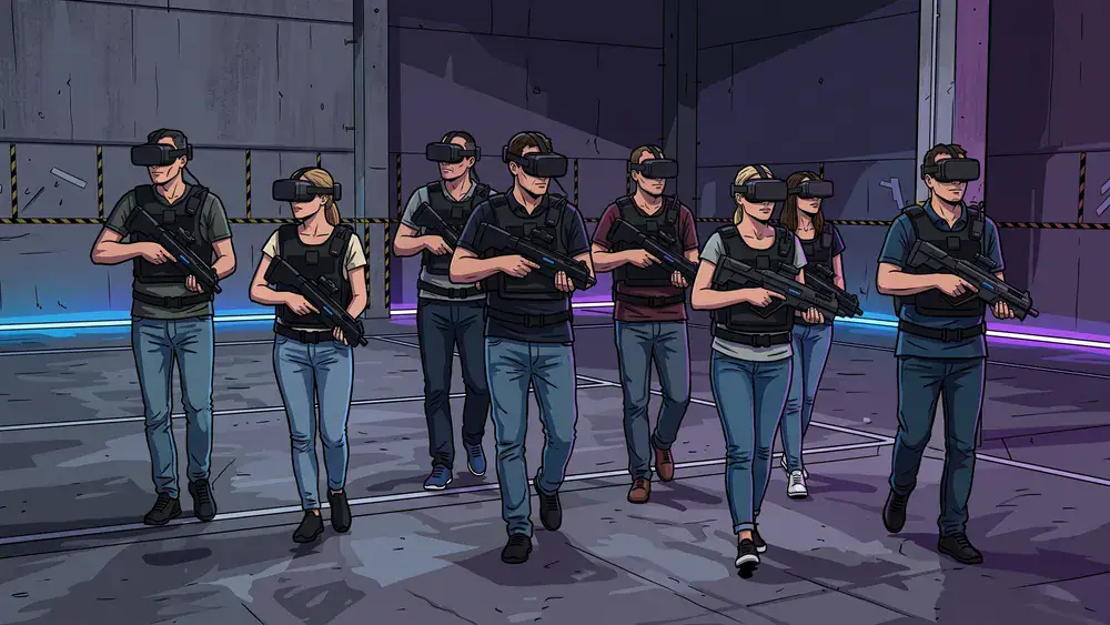 Zero Latency VR in Dortmund – Gruppe mit VR-Brillen und Westen läuft frei durch eine virtuelle Welt