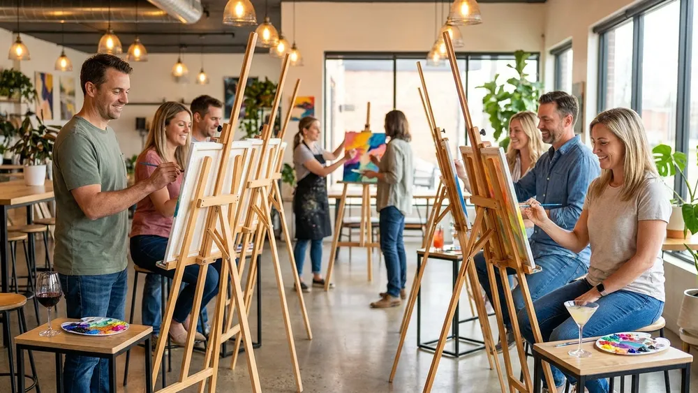 Painting Party in Dortmund - Erwachsene malen an Staffeleien eigene Bilder mit Wein und Cocktails dazu