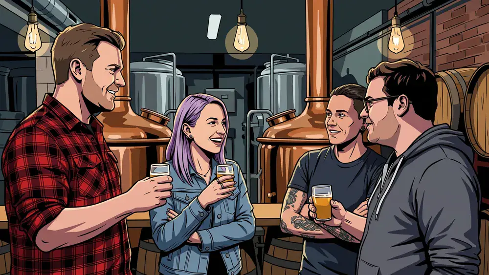 Bergmann Brauerei in Dortmund – Gruppe bei einer Bierverkostung in der Handwerksbrauerei