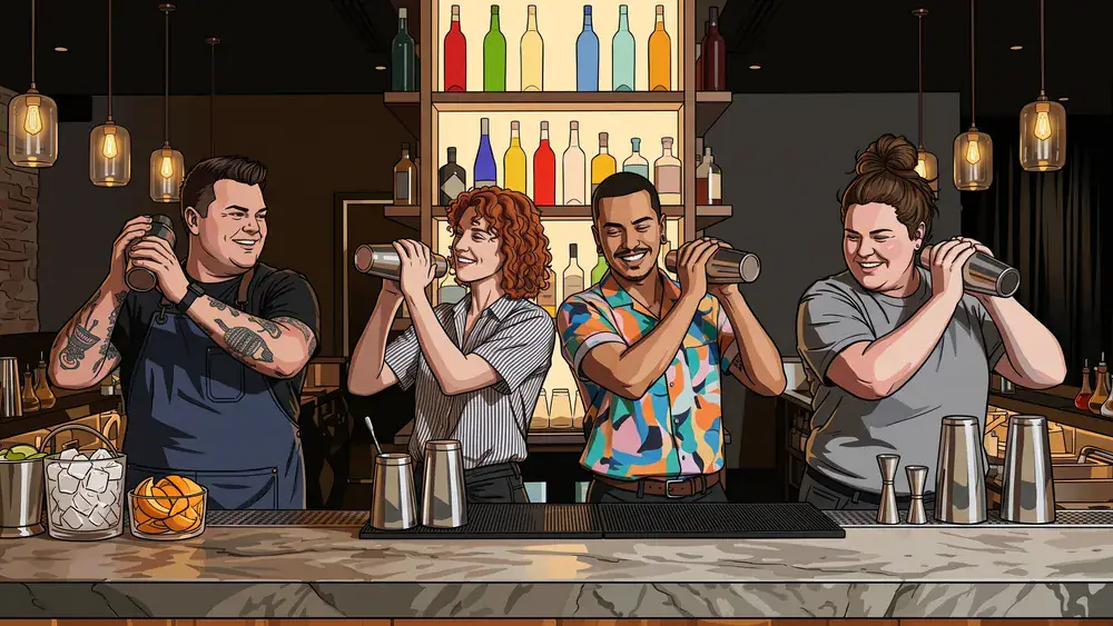 Cocktailkurs in Dortmund – Gruppe mixt Cocktails an einer Bar unter Anleitung