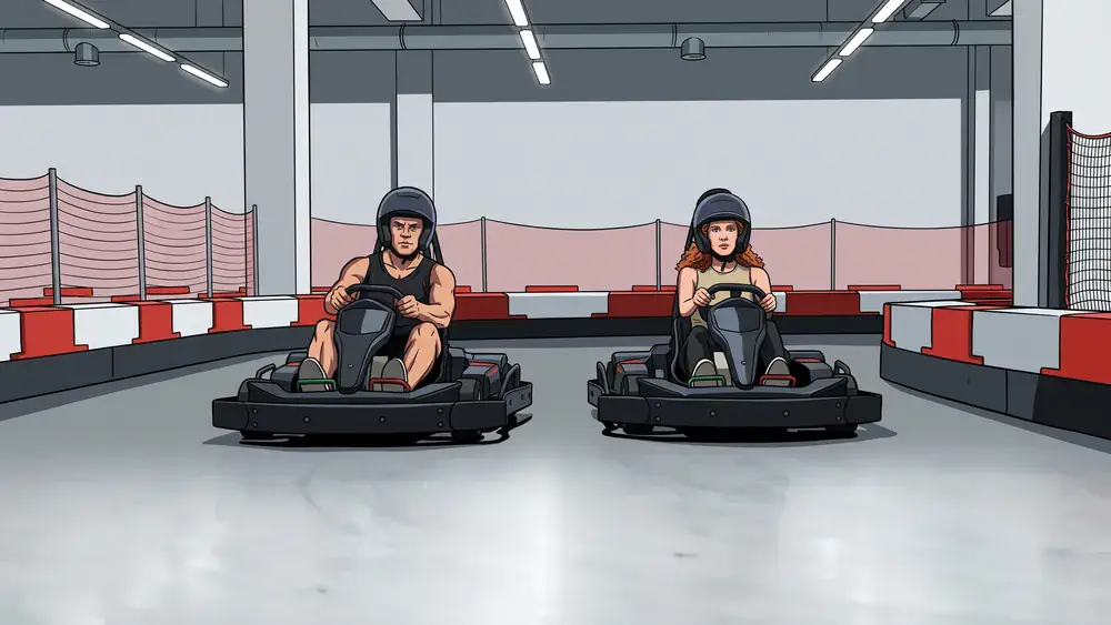 Highway Kart Racing in Dortmund – Zwei Personen in Elektrokarts auf der Indoor-Rennstrecke