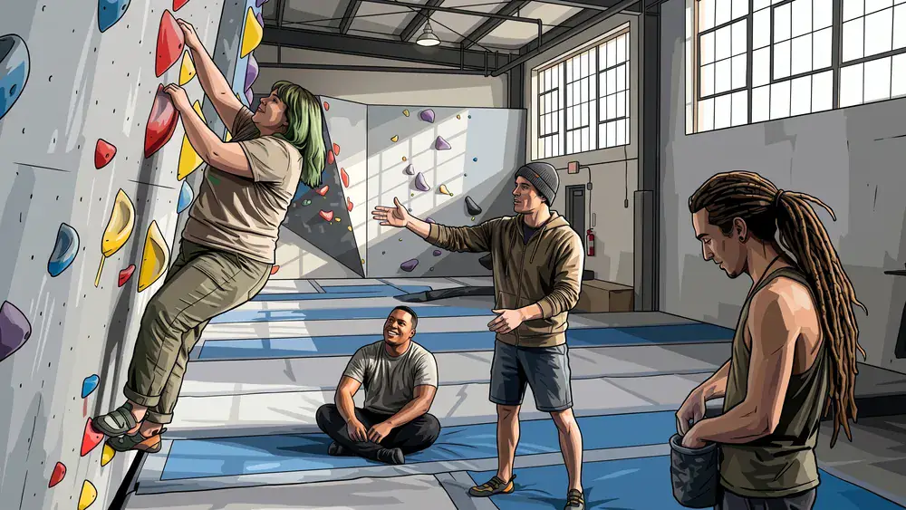 Kletterhalle Bergwerk in Dortmund – Gruppe bouldert gemeinsam an einer bunten Kletterwand