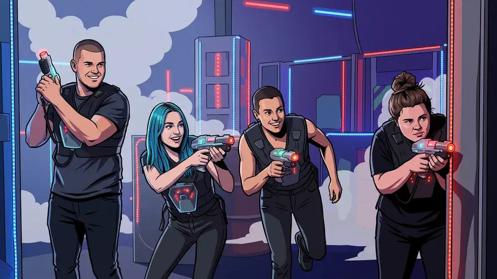 Lasertag bei Dortmund – Gruppe in einer dunklen Arena mit Neonlichtern und Lasertag-Equipment