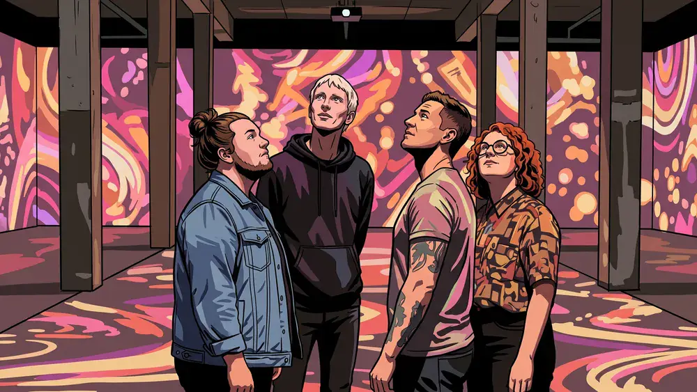 Phoenix des Lumières in Dortmund – Gruppe steht in einer Halle mit digitalen Kunstprojektionen