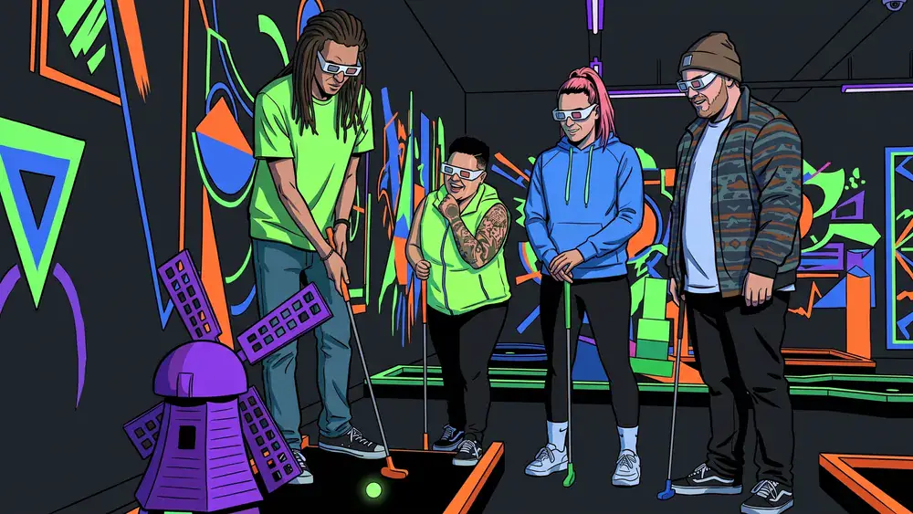 Glowing Rooms in Dortmund – Gruppe spielt Schwarzlicht-Minigolf mit 3D-Brillen
