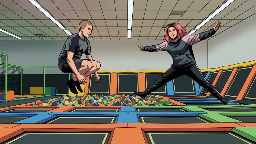 Superfly Dortmund – Zwei Personen springen auf Trampolinen in einem bunten Indoor-Park