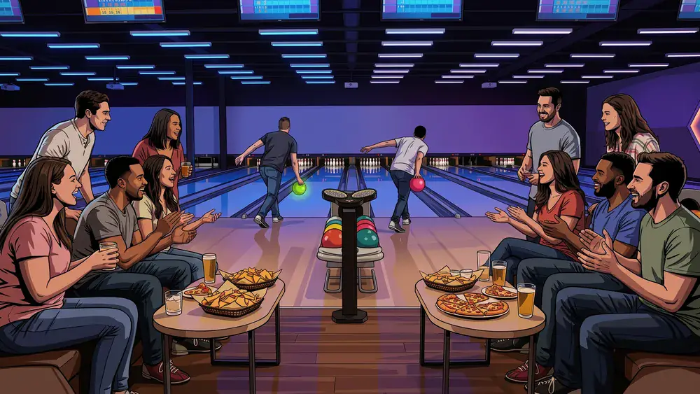 Bowling im Bowltreff Dortmund – Team spielt auf mehreren Bahnen mit Drinks und Snacks