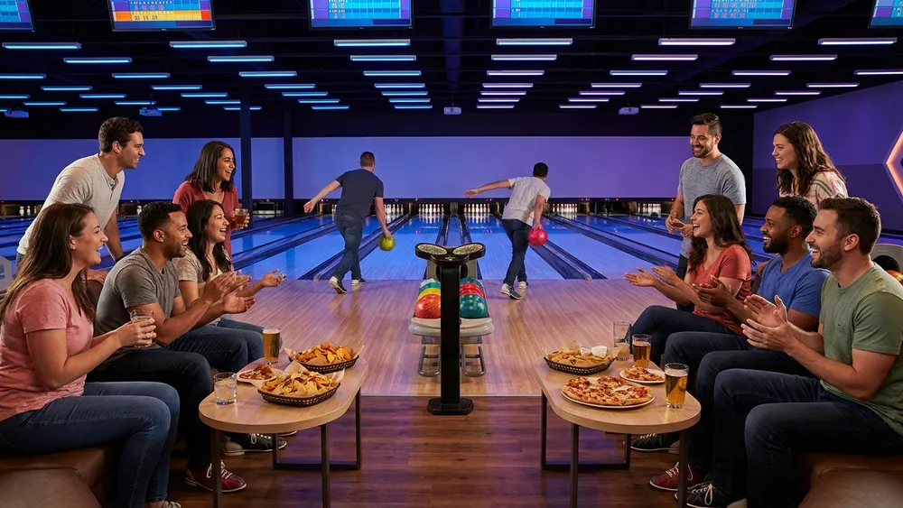 Bowling im Bowltreff Dortmund – Team spielt auf mehreren Bahnen mit Drinks und Snacks