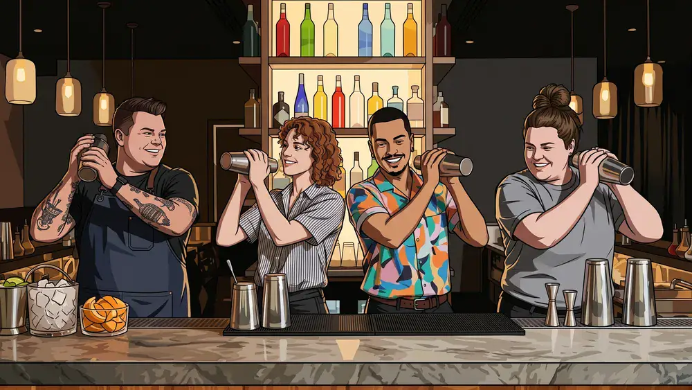 Cocktailkurs in Dortmund – Team mixt Cocktails an einer Bar unter Anleitung eines Profi-Barkeepers